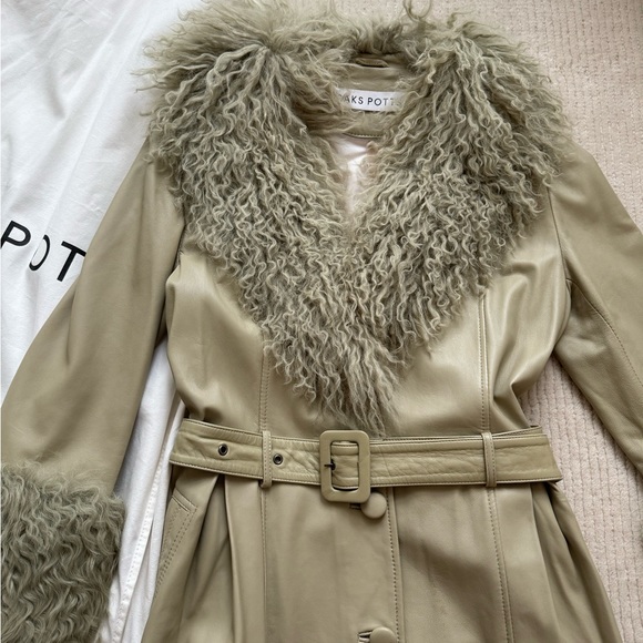 SAKS POTTS FOXY LEATHER COAT - SAGE GREEN - shearling trim leather coat - Picture 4 of 8